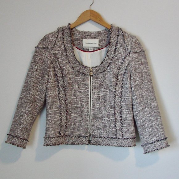 Banana Republic Tweed Linen Blend Jacket Blazer Fringe Collarless Size 4 - Picture 1 of 16